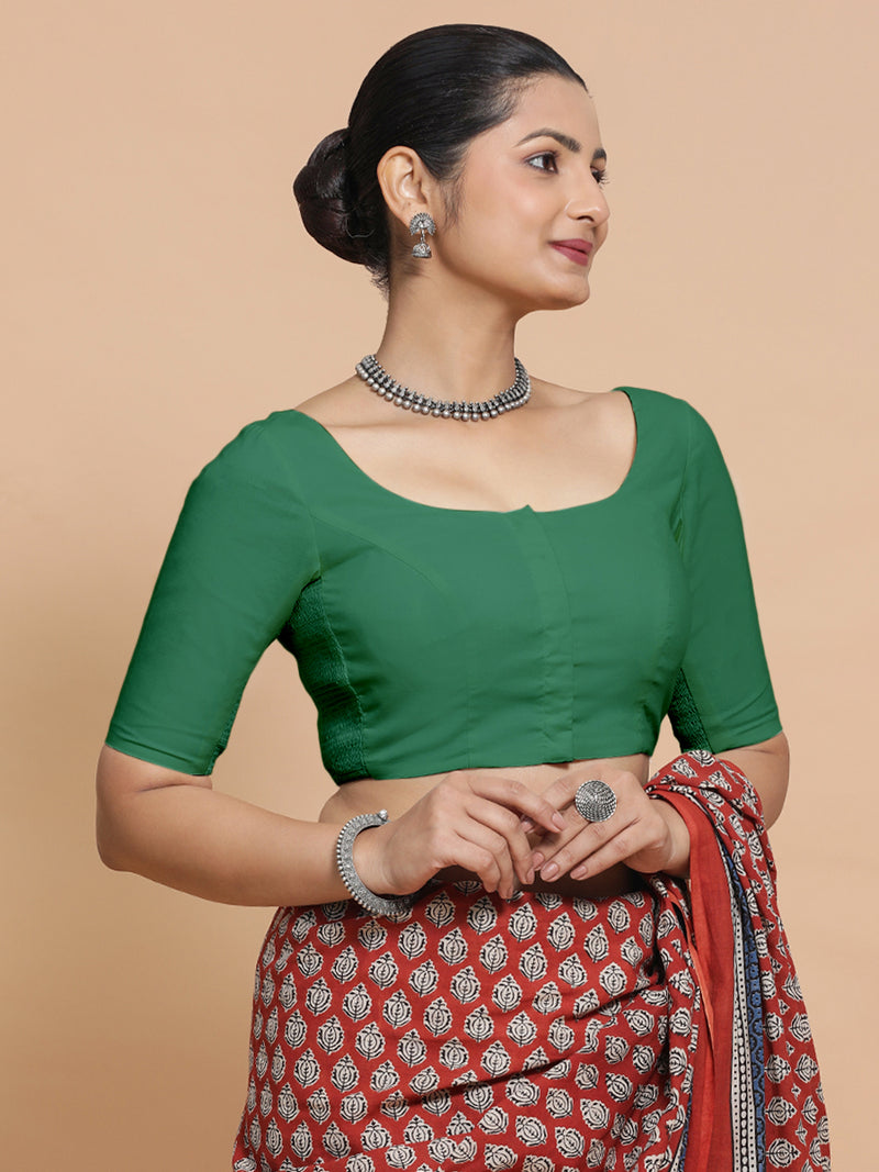 Lahari x Rozaana | Elbow Sleeves Saree Blouse in Castleton Green Plain Cotton-Binks