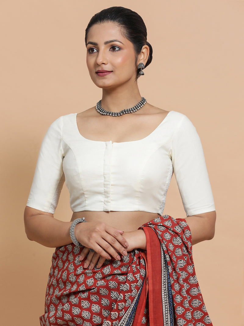 Lahari x Rozaana | Round Neck Ivory Mist Plain Cotton Saree Blouse-Binks