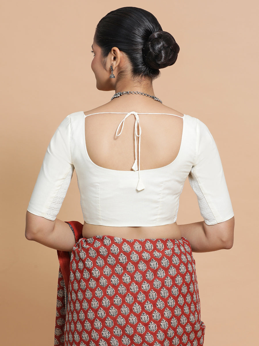 Lahari x Rozaana Saree Blouse, in White Cotton, featuring elbow sleeves and round neckline, made for daily & work (view 2).