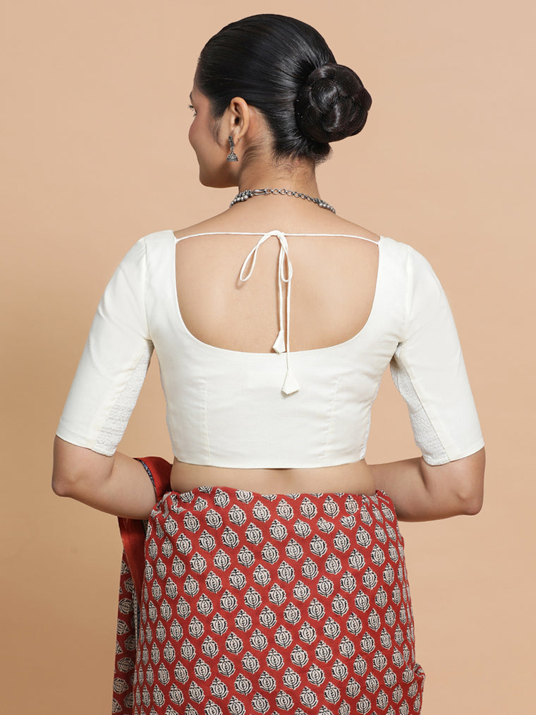 Lahari x Rozaana Saree Blouse, in White Cotton, featuring elbow sleeves and round neckline, made for daily & work (view 2).