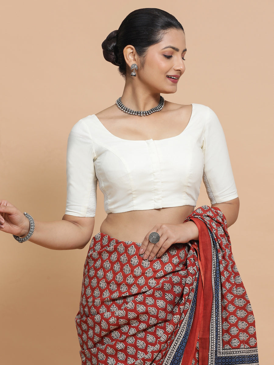 Lahari x Rozaana Saree Blouse, in White Cotton, featuring elbow sleeves and round neckline, made for daily & work (view 6).