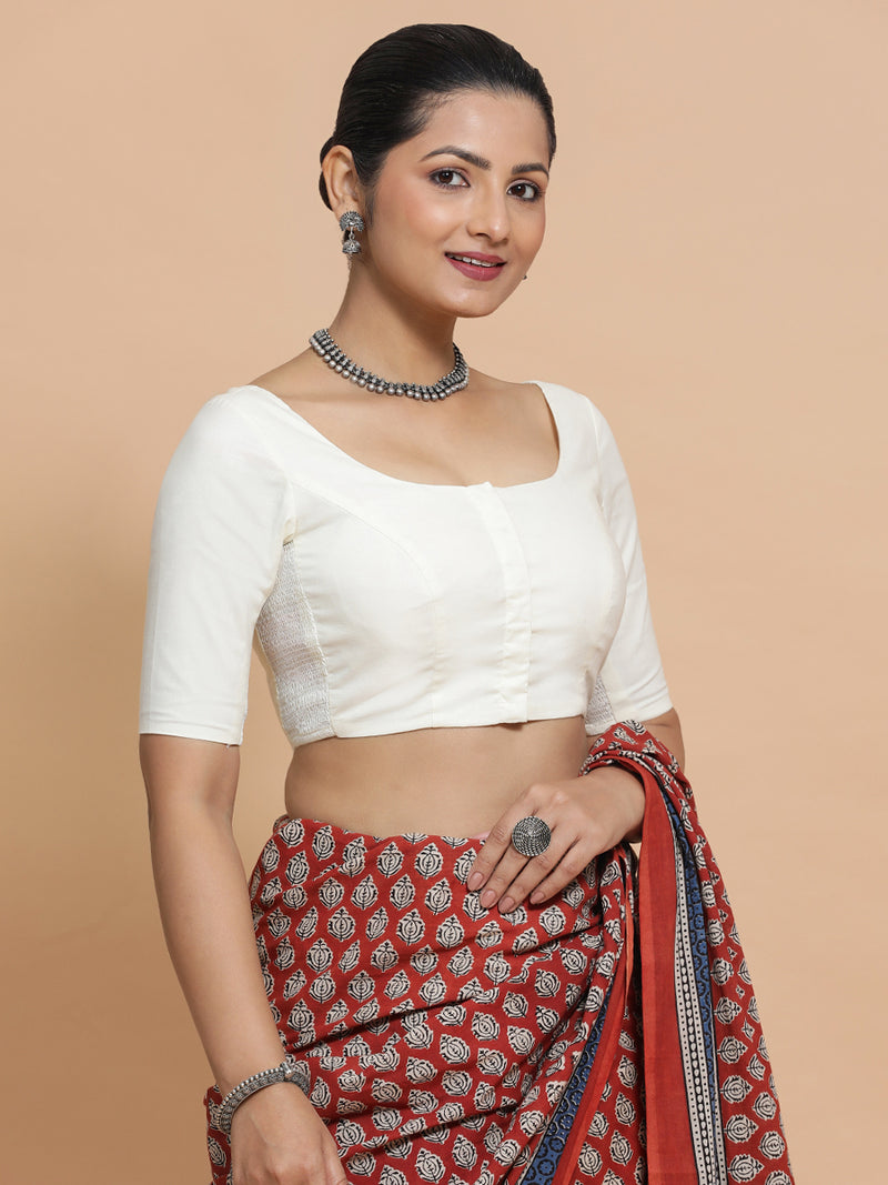 Lahari x Rozaana | Round Neck Ivory Mist Plain Cotton Saree Blouse-Binks