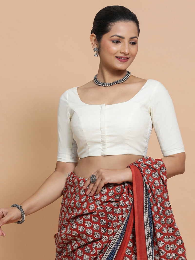 Lahari x Rozaana | Round Neck Ivory Mist Plain Cotton Saree Blouse-Binks