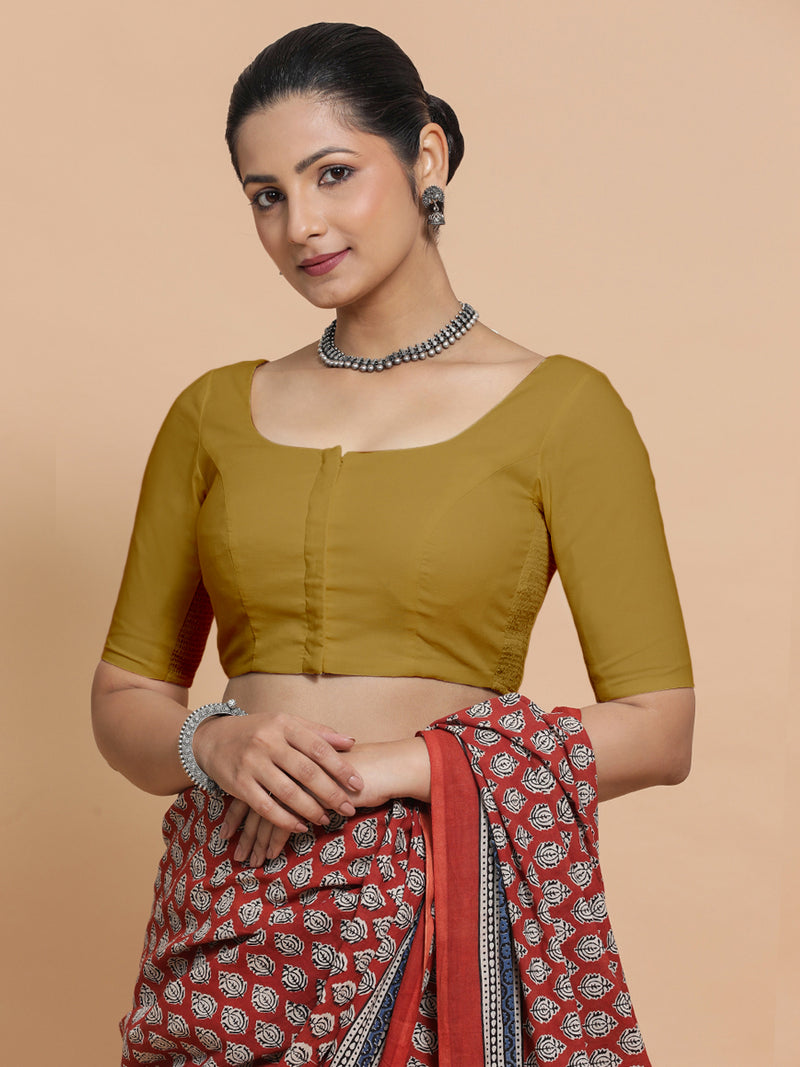 Lahari x Rozaana | Round Neck Khaki Plain Cotton Saree Blouse-Binks
