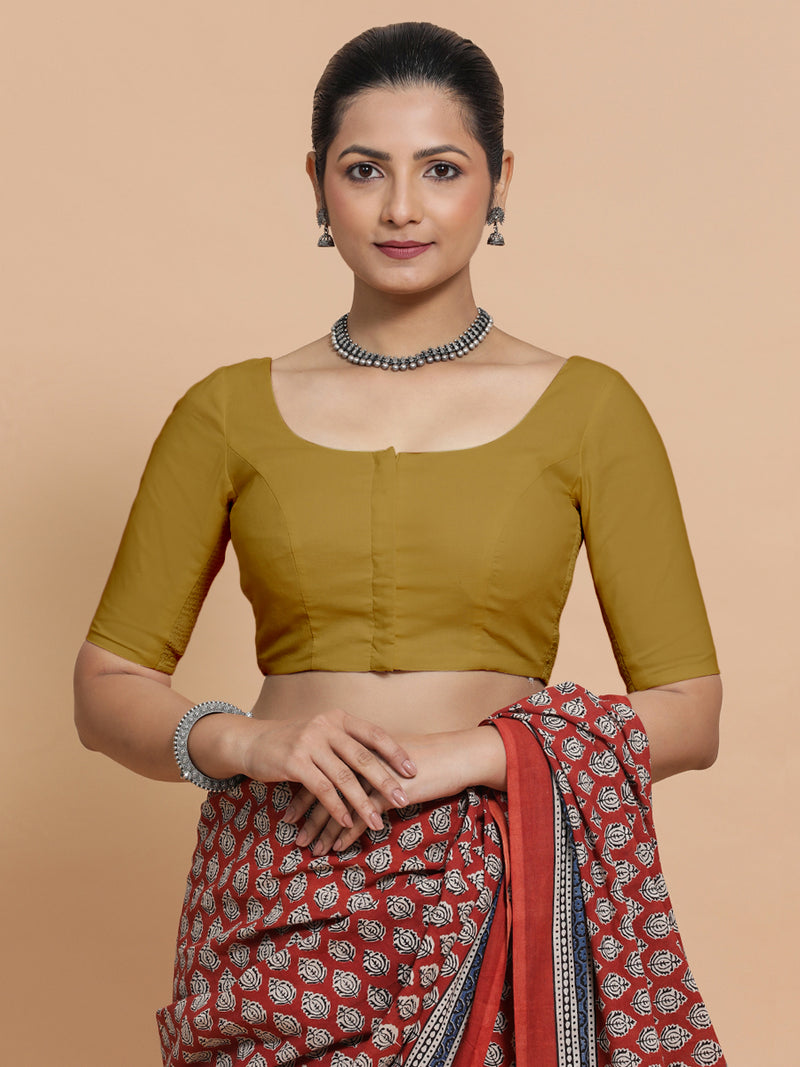 Lahari x Rozaana | Round Neck Khaki Plain Cotton Saree Blouse-Binks