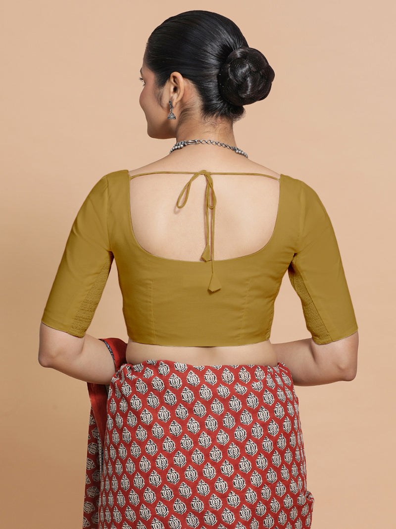 Lahari x Rozaana | Round Neck Khaki Plain Cotton Saree Blouse-Binks