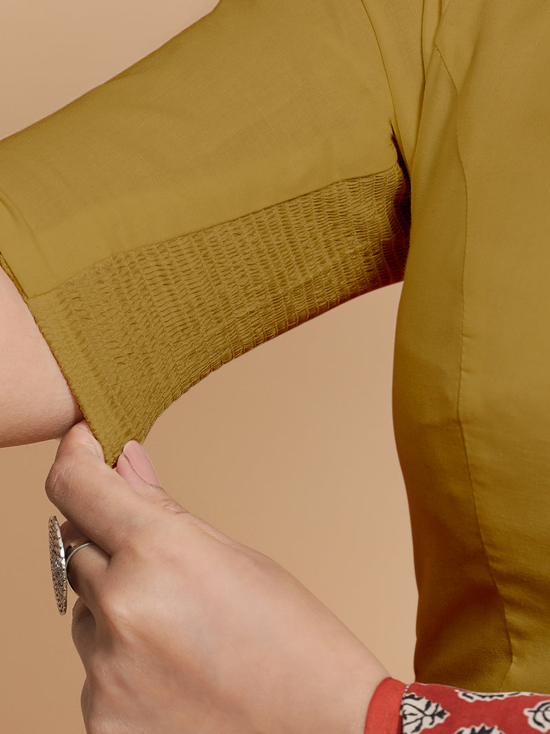 Lahari x Rozaana | Round Neck Khaki Plain Cotton Saree Blouse-Binks