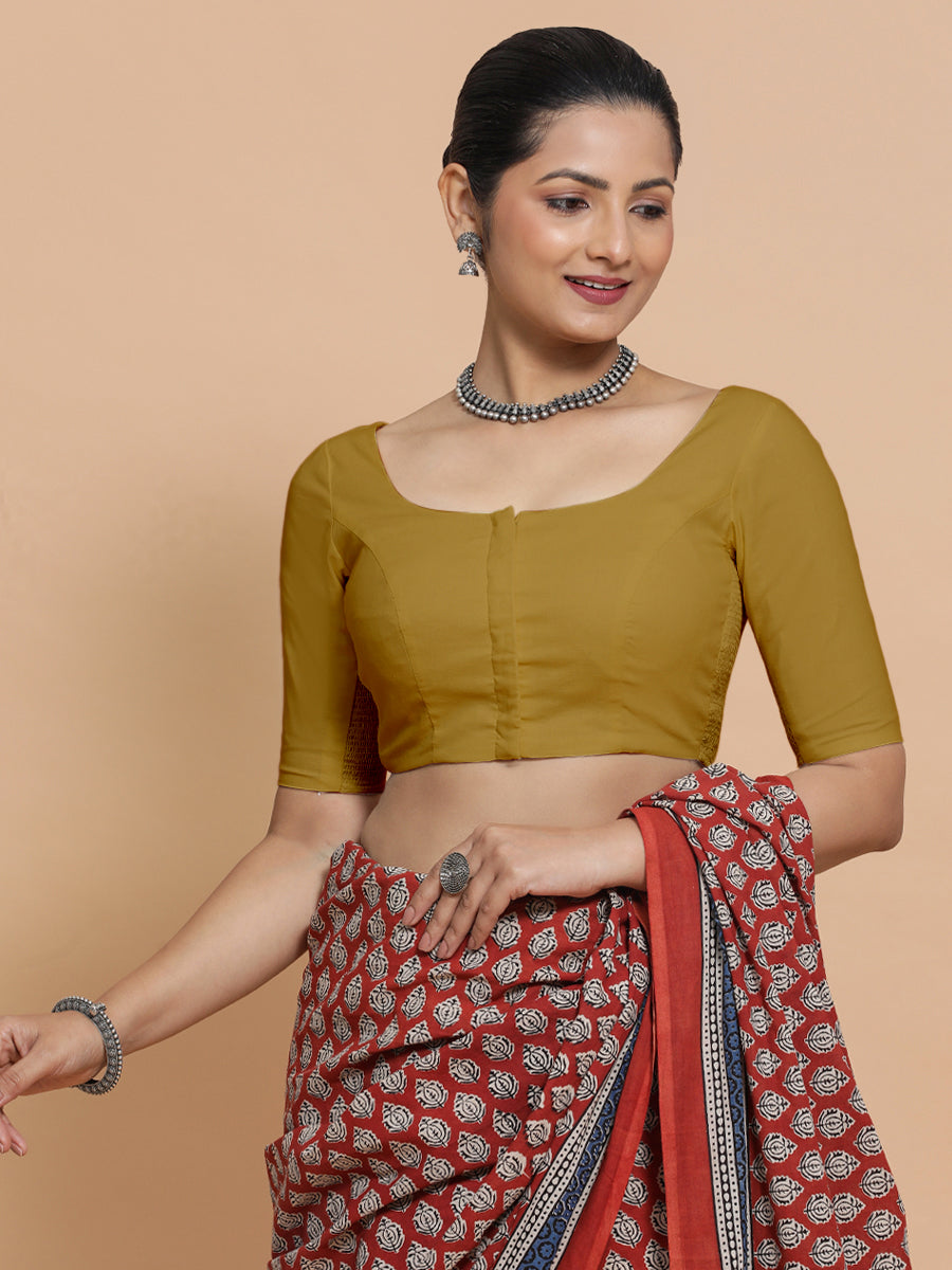 Lahari x Rozaana Saree Blouse, in Yellow Cotton, featuring elbow sleeves and round neckline, made for daily & work (view 6).