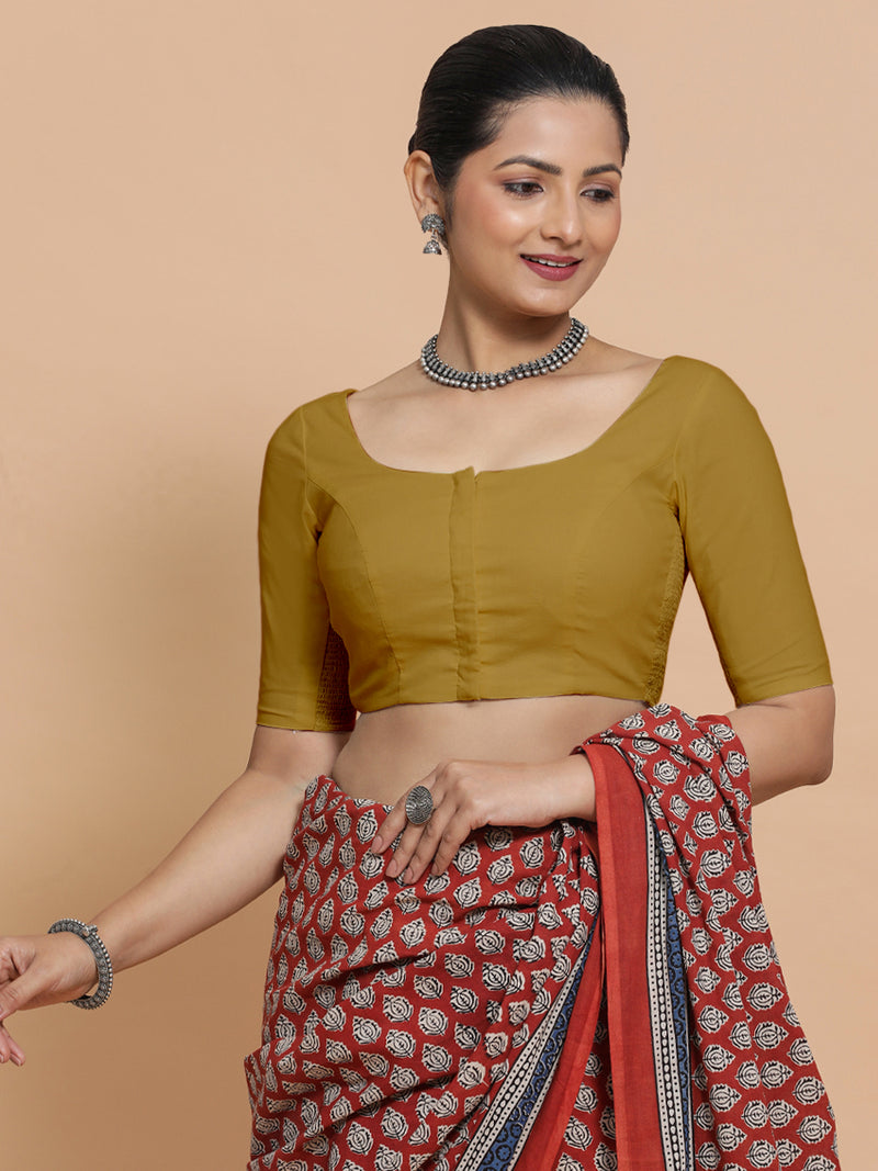 Lahari x Rozaana | Round Neck Khaki Plain Cotton Saree Blouse-Binks