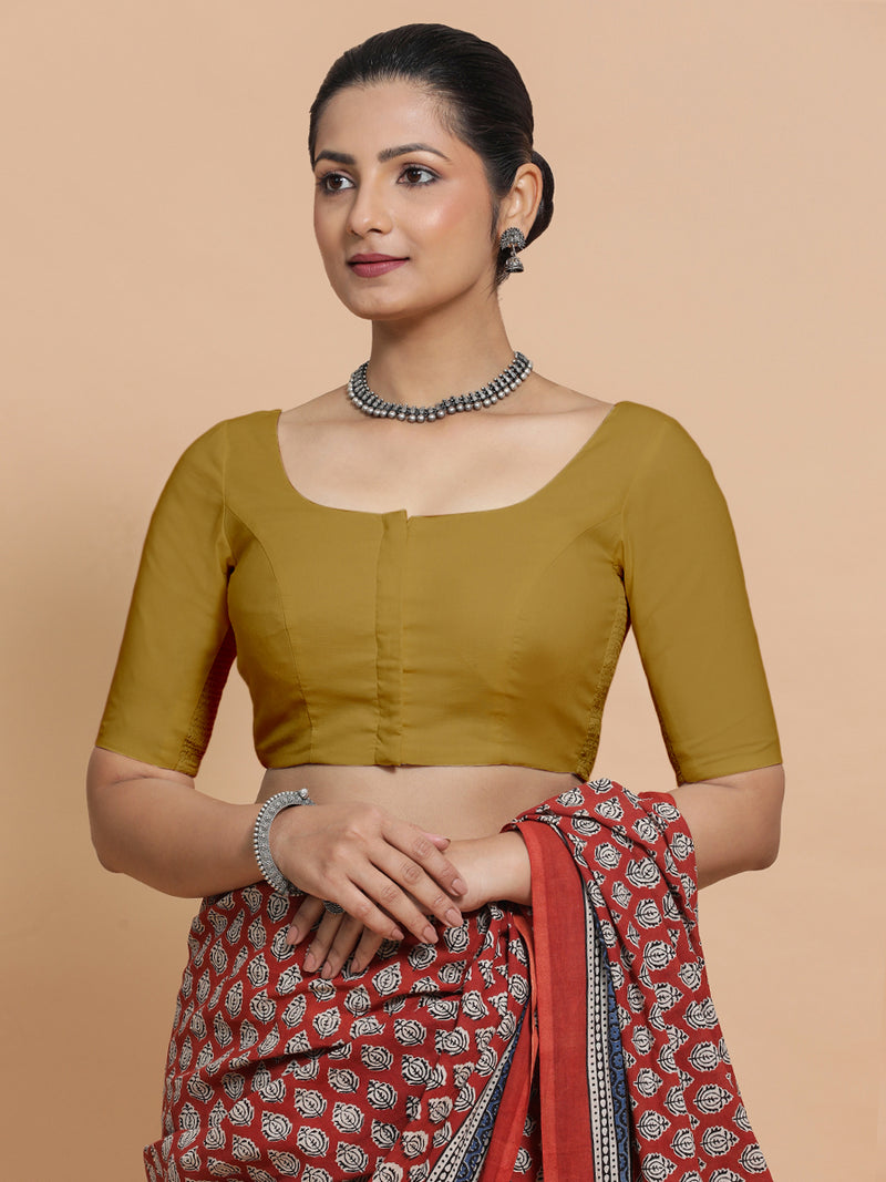 Lahari x Rozaana | Round Neck Khaki Plain Cotton Saree Blouse-Binks