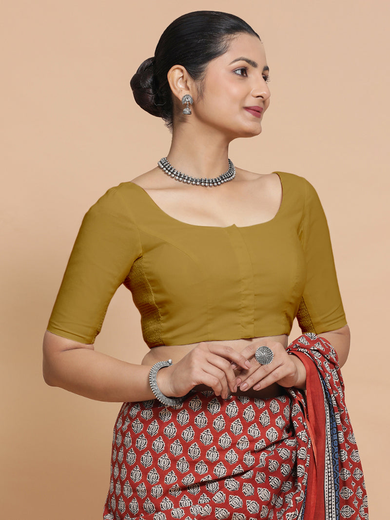 Lahari x Rozaana | Round Neck Khaki Plain Cotton Saree Blouse-Binks