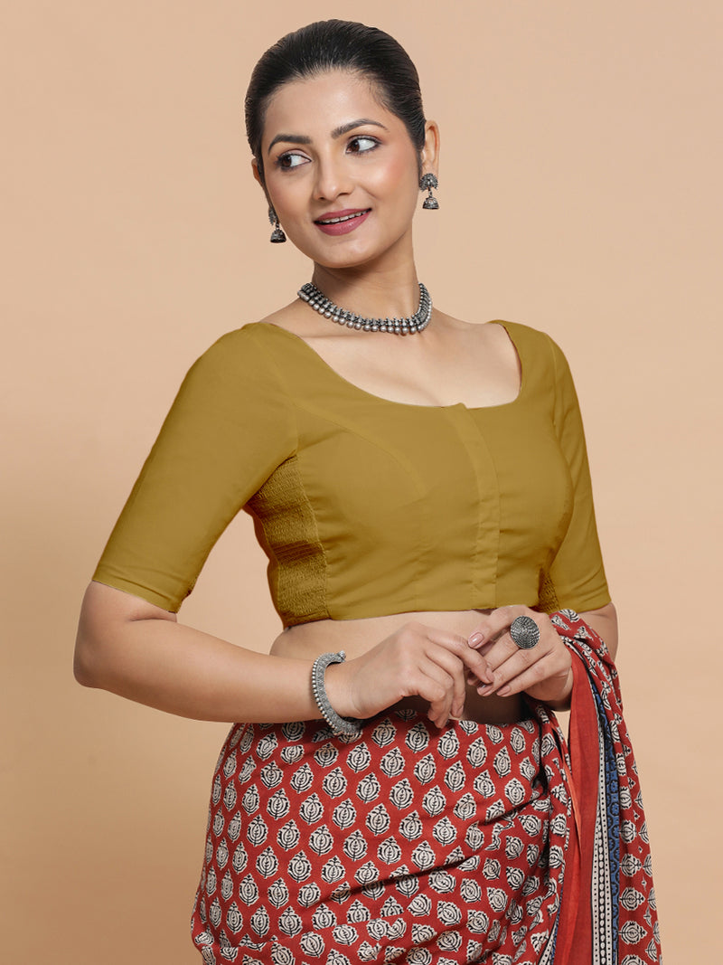 Lahari x Rozaana | Round Neck Khaki Plain Cotton Saree Blouse-Binks