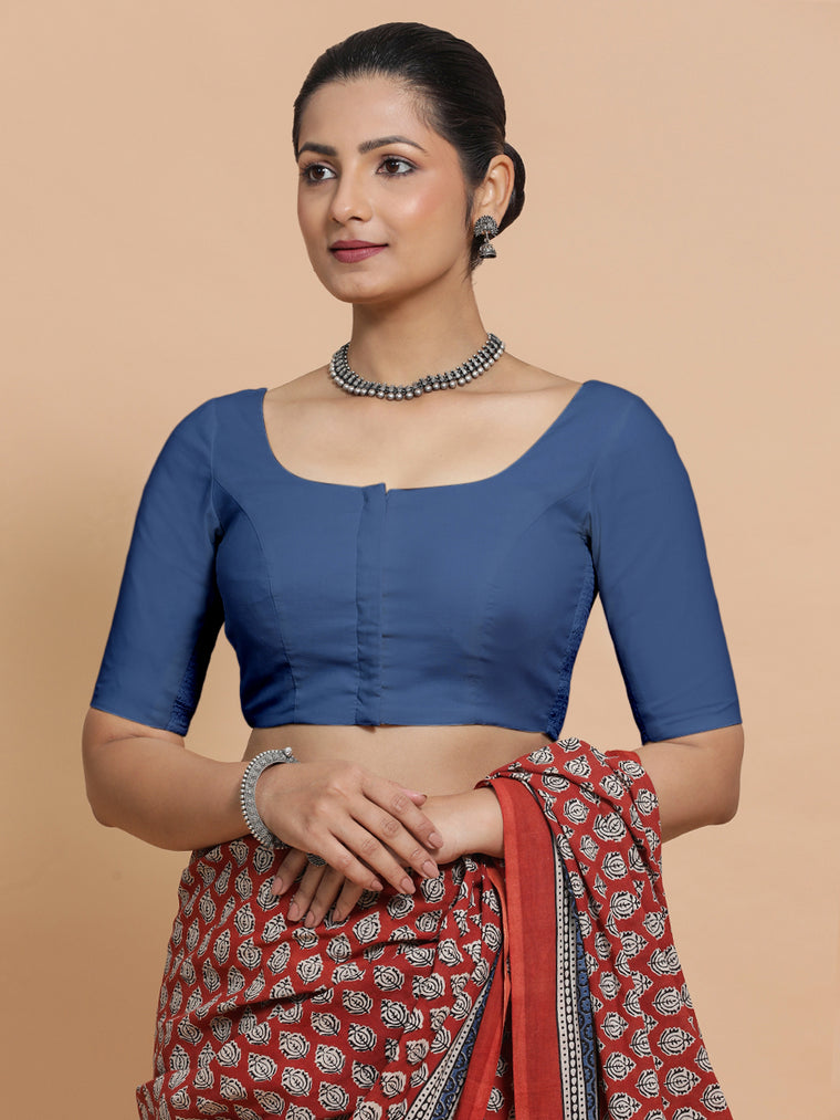 Lahari x Rozaana Saree Blouse, in Blue 100% Cotton - Solid, featuring elbow sleeves and round neckline.