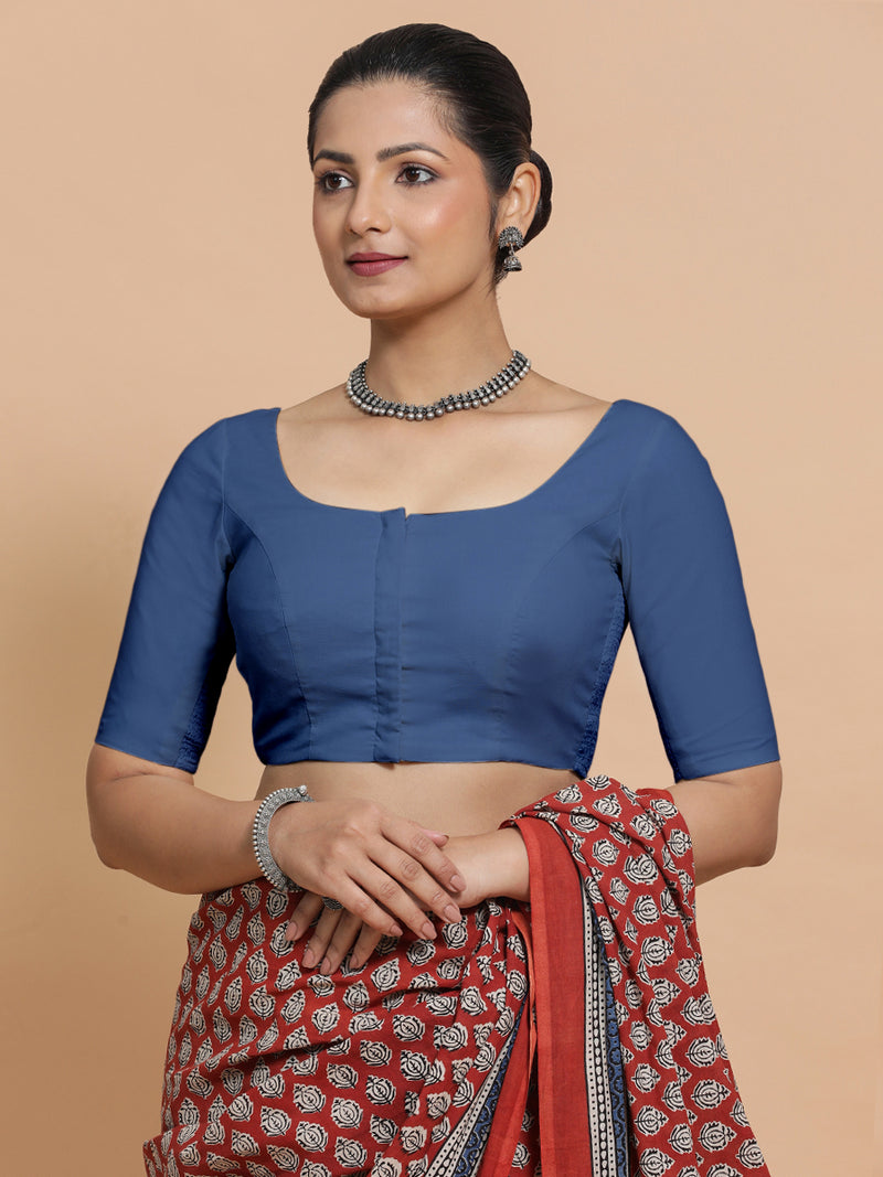 Lahari x Rozaana | Elbow Sleeves Saree Blouse in Lapis Blue Plain Cotton-Binks