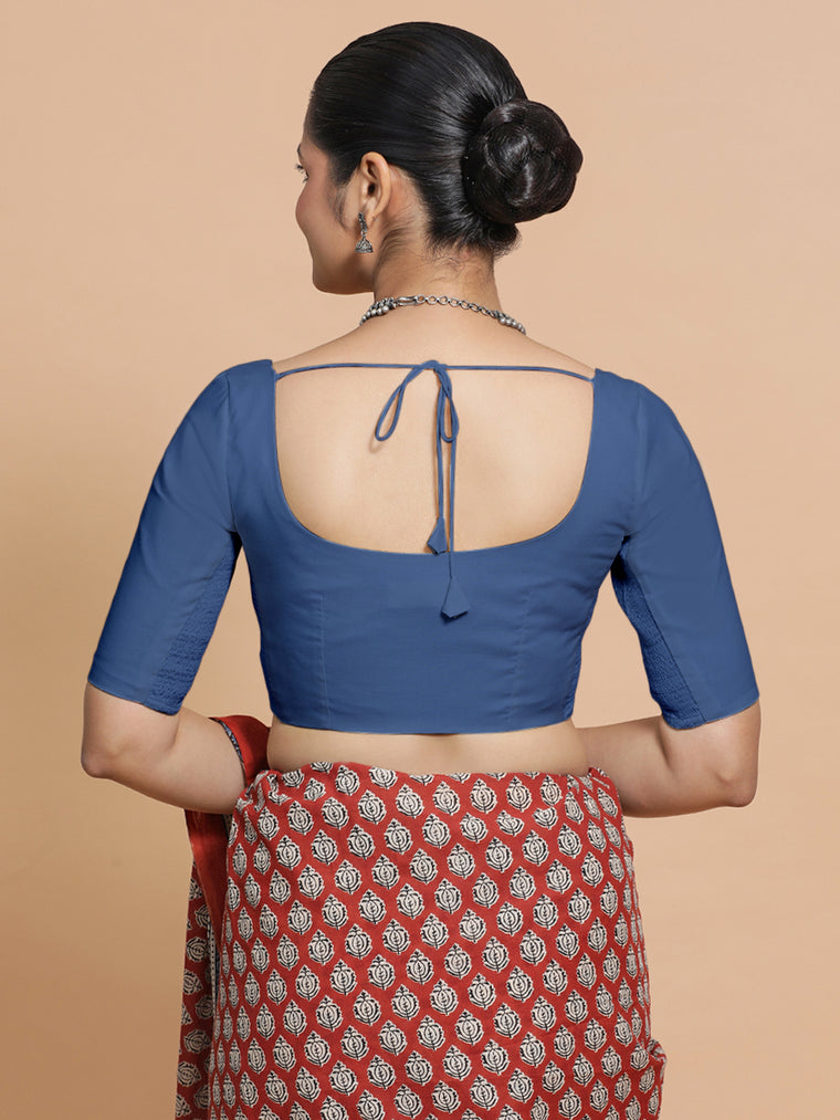 Lahari x Rozaana Saree Blouse, in Blue 100% Cotton - Solid, featuring elbow sleeves and round neckline (view 2).
