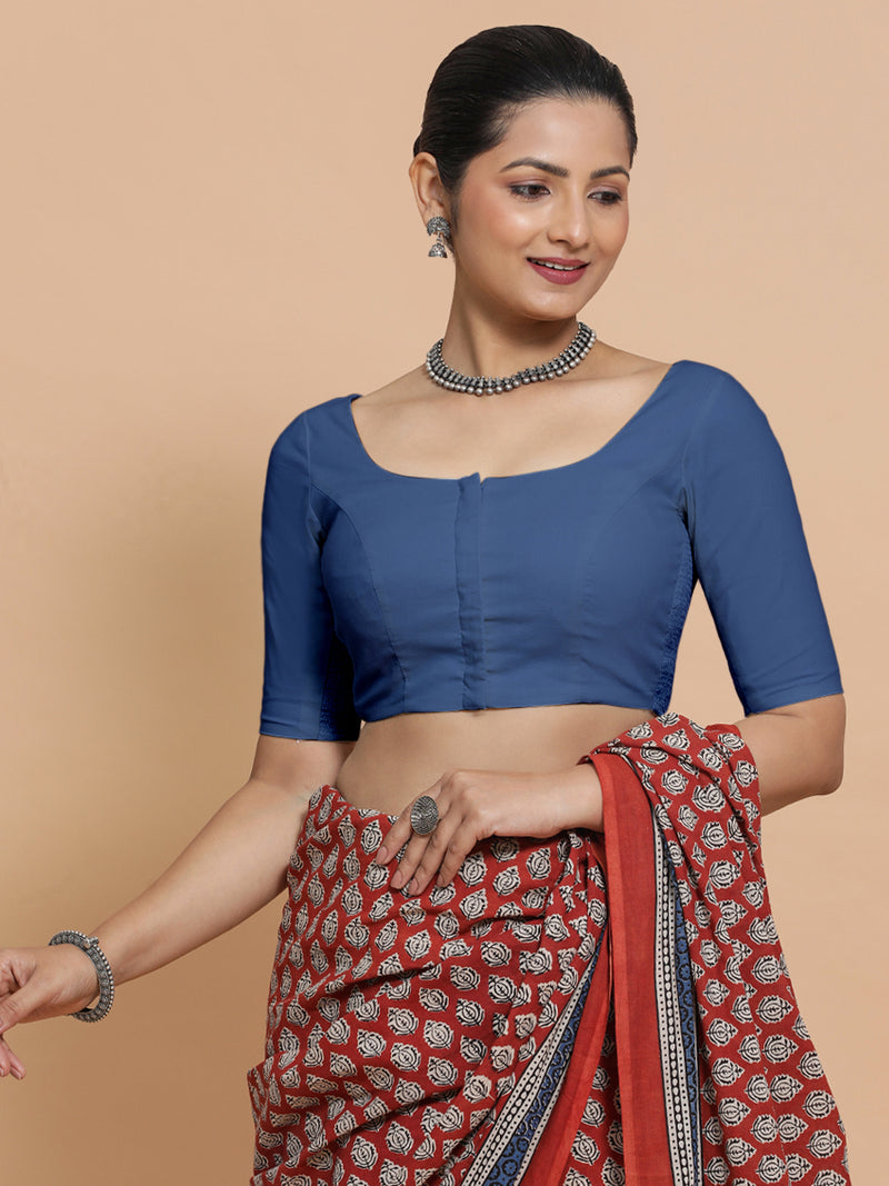 Lahari x Rozaana | Elbow Sleeves Saree Blouse in Lapis Blue Plain Cotton-Binks