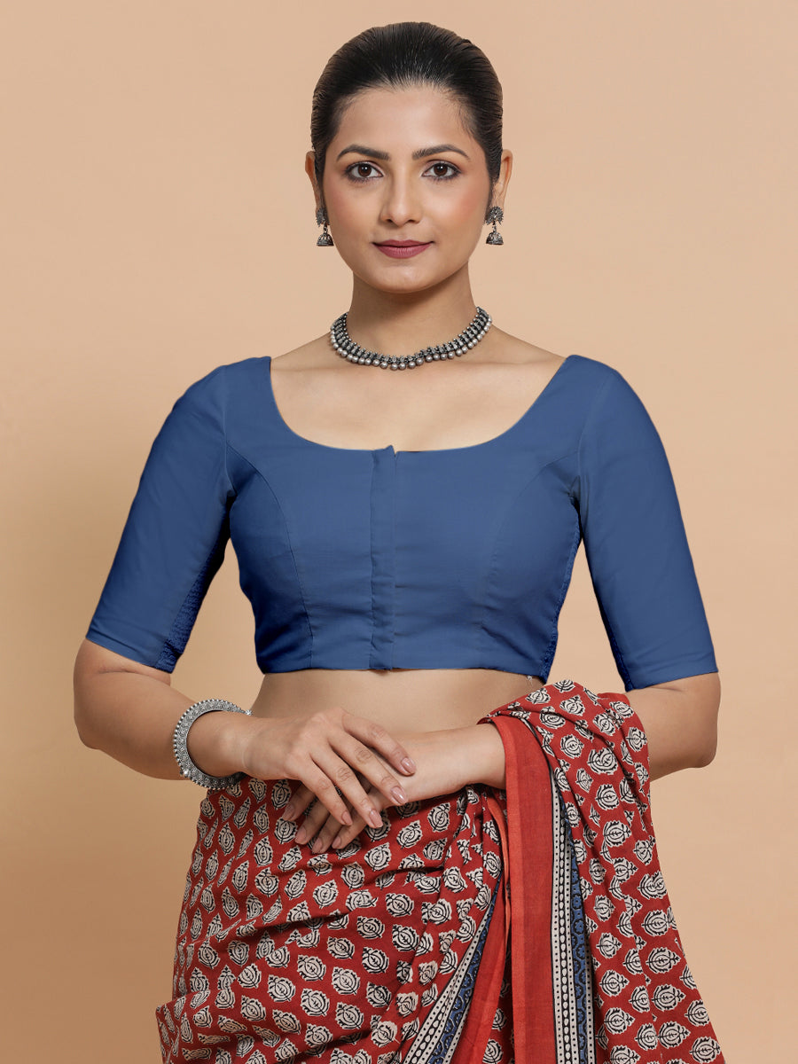 Lahari x Rozaana Saree Blouse, in Blue 100% Cotton - Solid, featuring elbow sleeves and round neckline (view 6).