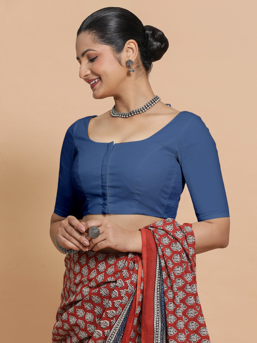 Lahari x Rozaana Saree Blouse, in Blue 100% Cotton - Solid, featuring elbow sleeves and round neckline (view 8).