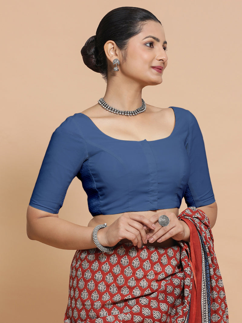 Lahari x Rozaana | Elbow Sleeves Saree Blouse in Lapis Blue Plain Cotton-Binks