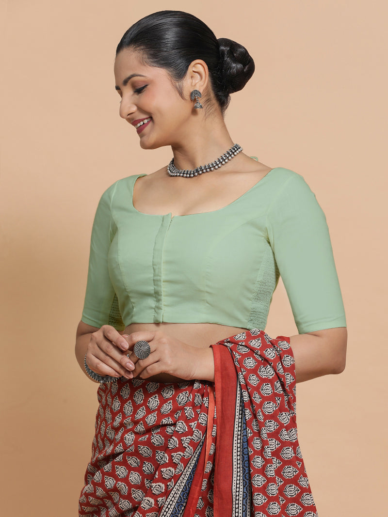 Lahari x Rozaana | Round Neck Light Sage Plain Cotton Saree Blouse-Binks