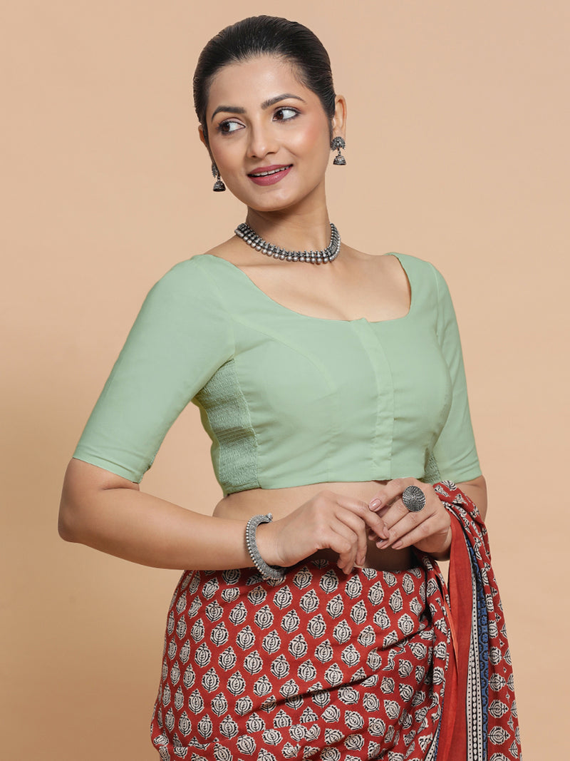 Lahari x Rozaana | Round Neck Light Sage Plain Cotton Saree Blouse-Binks