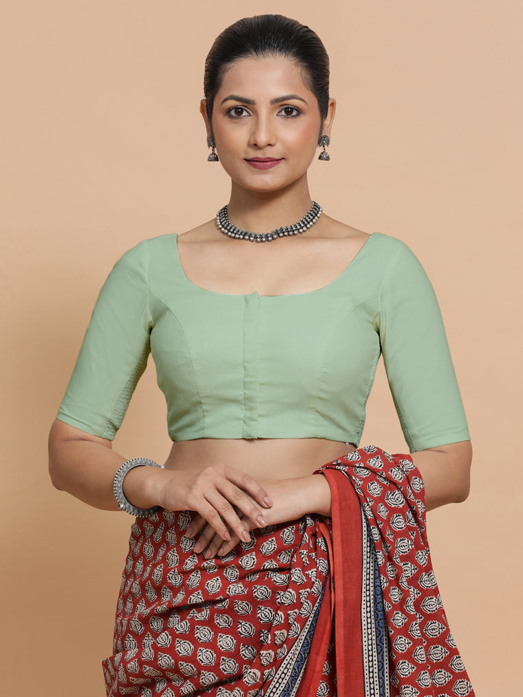 Lahari x Rozaana Saree Blouse, in Green Cotton, featuring elbow sleeves and round neckline, made for daily & work (view 2).