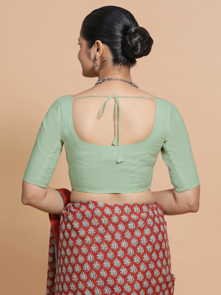 Lahari x Rozaana Saree Blouse, in Green Cotton, featuring elbow sleeves and round neckline, made for daily & work (view 3).