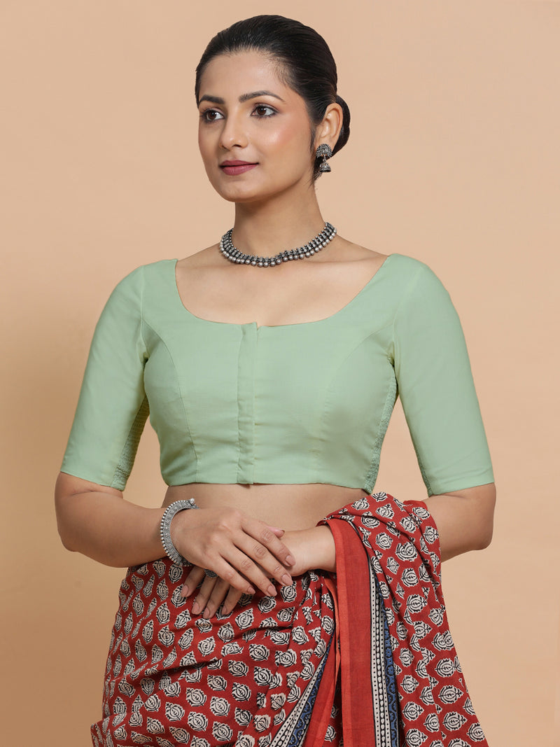 Lahari x Rozaana | Round Neck Light Sage Plain Cotton Saree Blouse-Binks