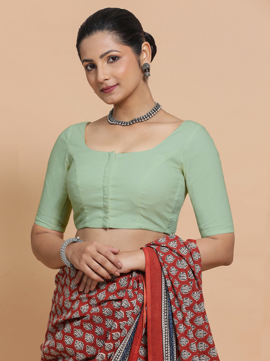 Lahari x Rozaana Saree Blouse, in Green Cotton, featuring elbow sleeves and round neckline, made for daily & work (view 8).