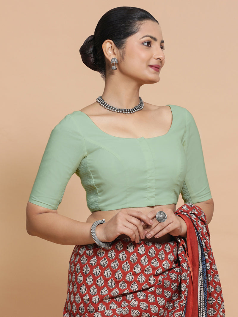 Lahari x Rozaana | Round Neck Light Sage Plain Cotton Saree Blouse-Binks
