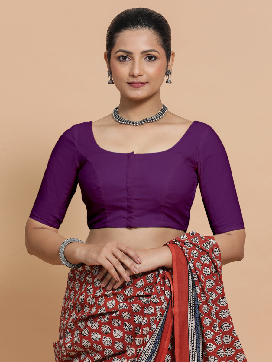 Lahari x Rozaana Saree Blouse, in Purple Cotton, featuring elbow sleeves and round neckline, made for daily & work (view 2).