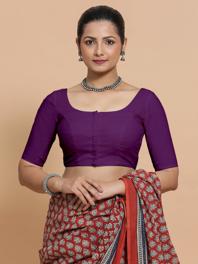 Lahari x Rozaana Saree Blouse, in Purple Cotton, featuring elbow sleeves and round neckline, made for daily & work (view 2).