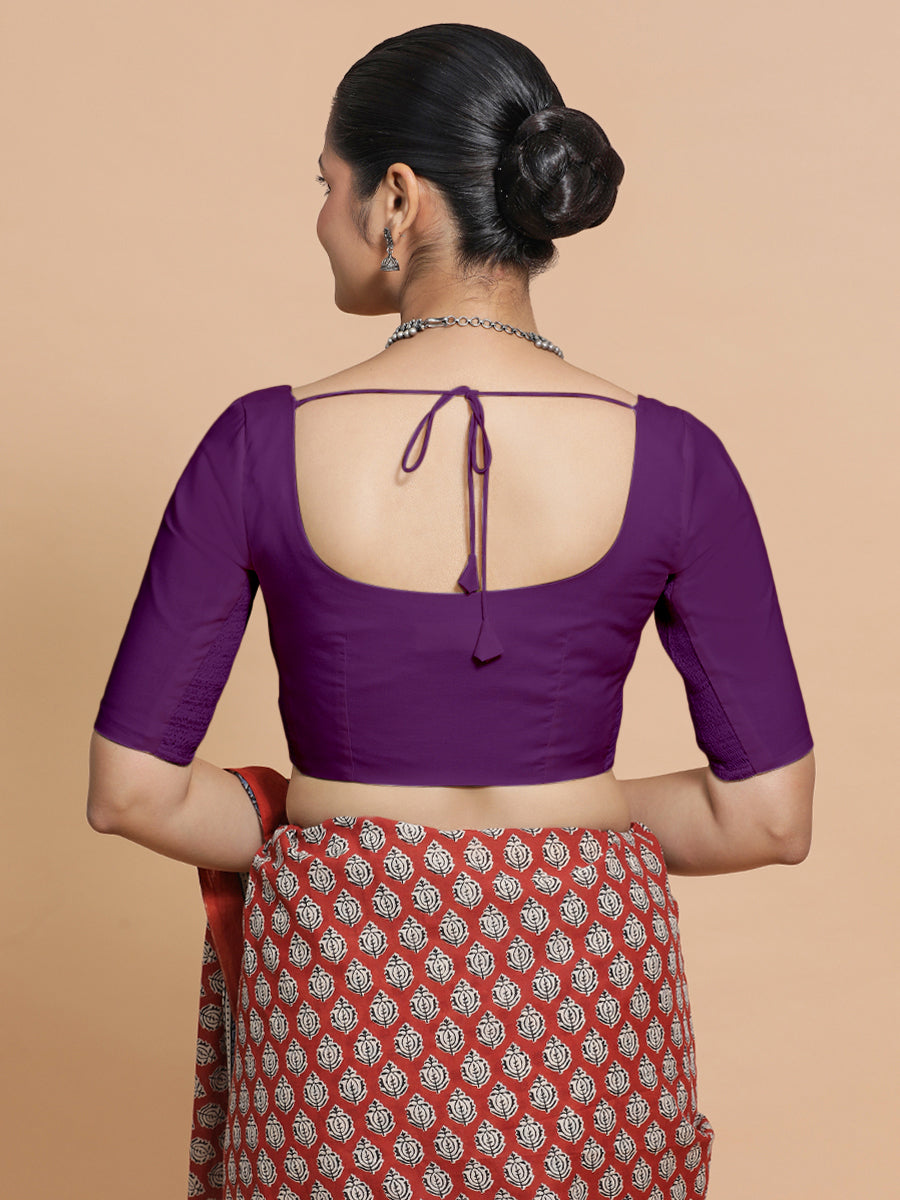 Lahari x Rozaana Saree Blouse, in Purple Cotton, featuring elbow sleeves and round neckline, made for daily & work (view 3).
