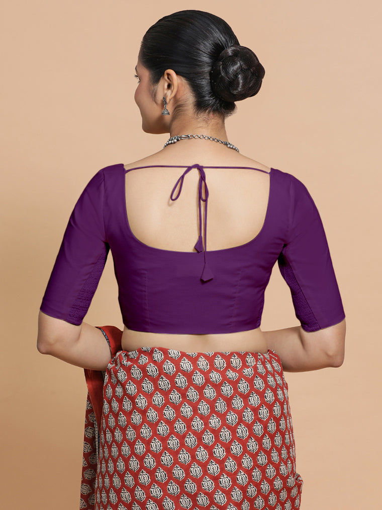 Lahari x Rozaana Saree Blouse, in Purple Cotton, featuring elbow sleeves and round neckline, made for daily & work (view 3).