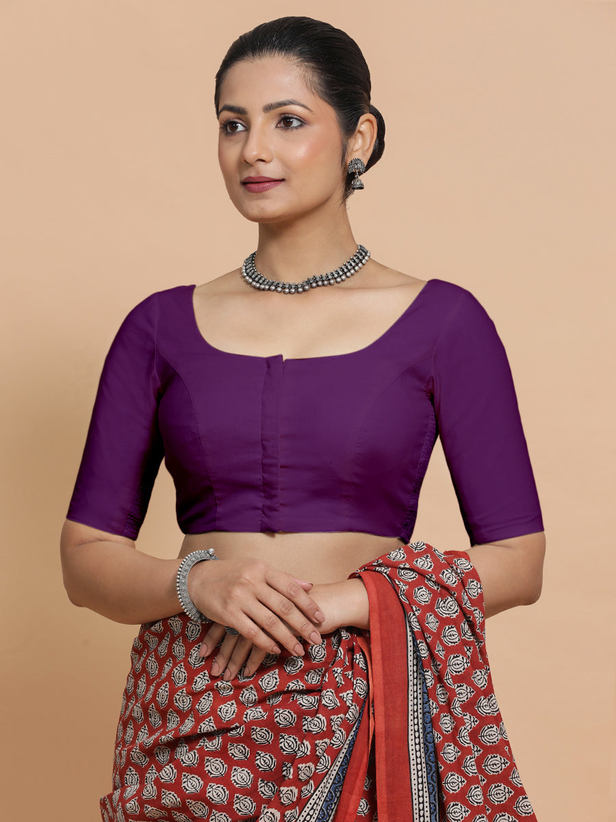 Lahari x Rozaana Saree Blouse, in Purple Cotton, featuring elbow sleeves and round neckline, made for daily & work (view 6).