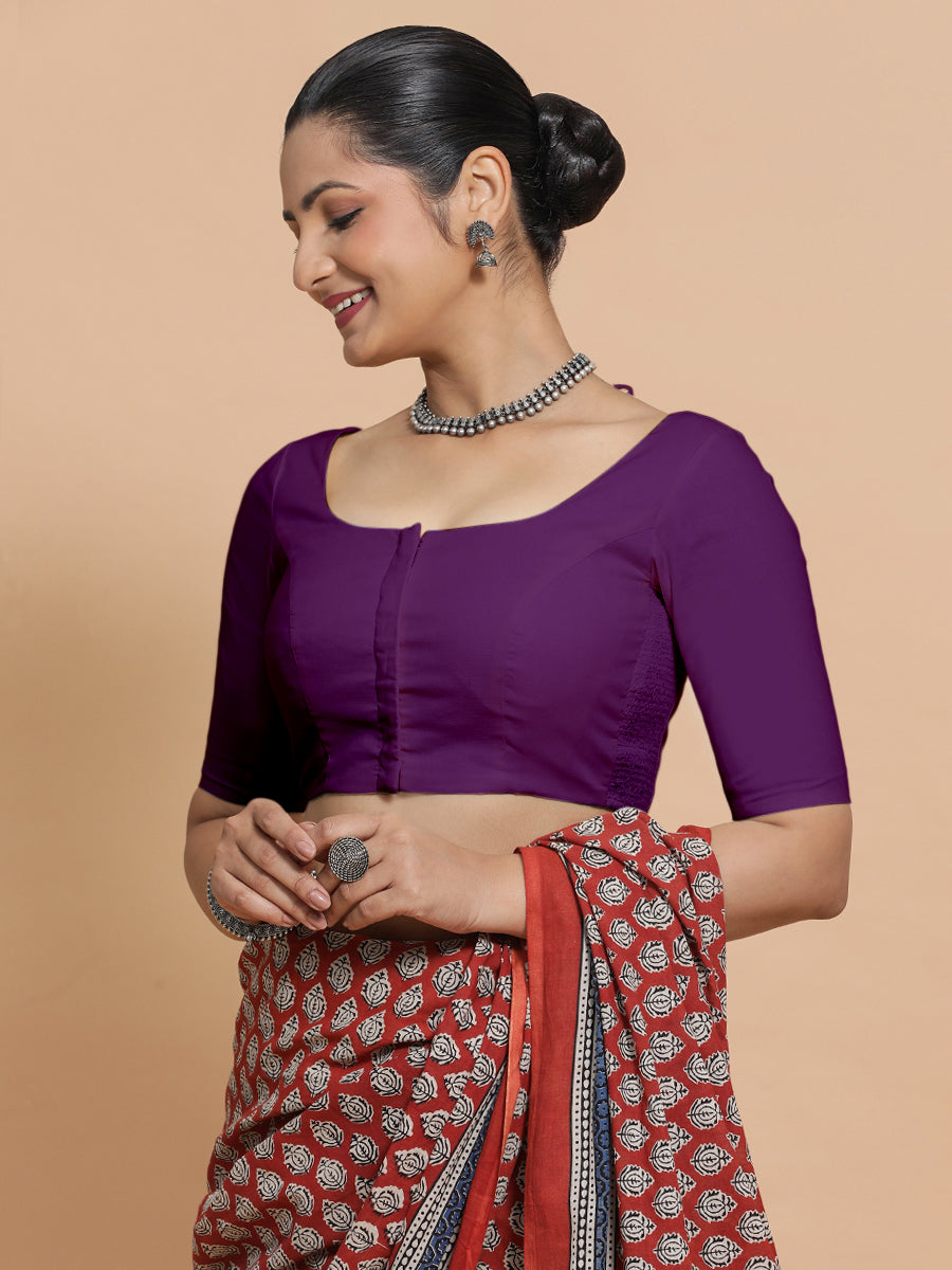 Lahari x Rozaana Saree Blouse, in Purple Cotton, featuring elbow sleeves and round neckline, made for daily & work (view 8).