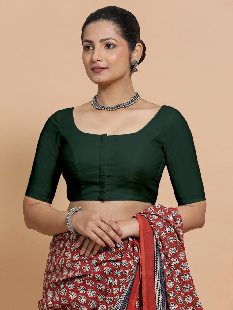 Lahari x Rozaana Saree Blouse, in Green Cotton, featuring elbow sleeves and round neckline, made for daily & work.