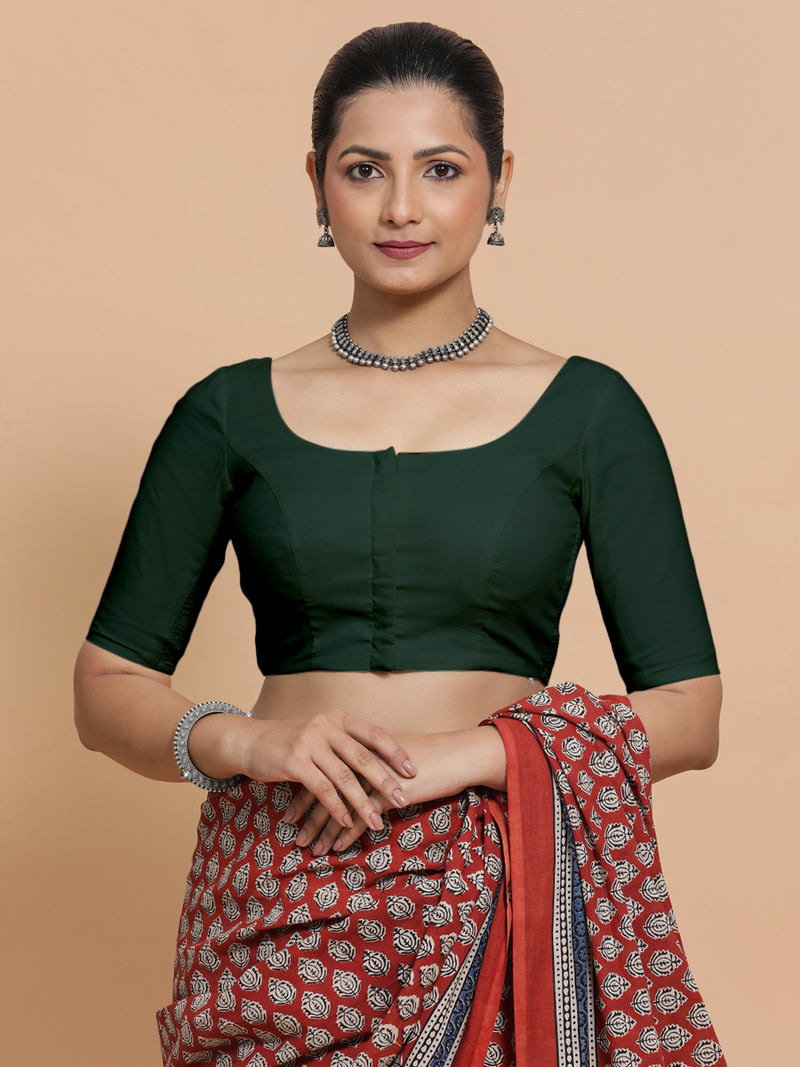 Lahari x Rozaana | Round Neck Moss Green Plain Cotton Saree Blouse-Binks