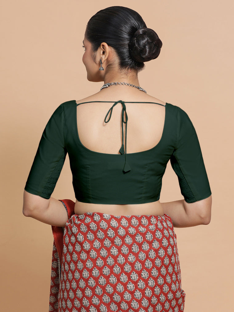 Lahari x Rozaana Saree Blouse, in Green Cotton, featuring elbow sleeves and round neckline, made for daily & work (view 2).