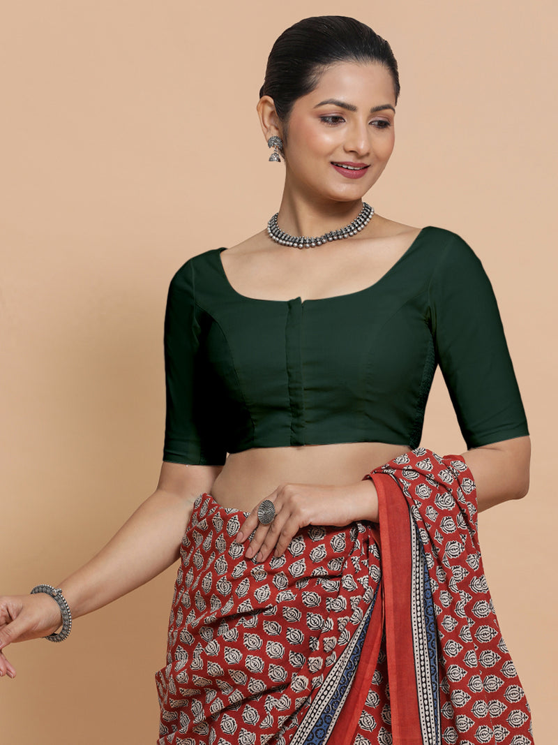 Lahari x Rozaana | Round Neck Moss Green Plain Cotton Saree Blouse-Binks