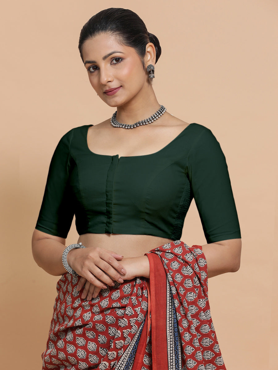 Lahari x Rozaana Saree Blouse, in Green Cotton, featuring elbow sleeves and round neckline, made for daily & work (view 6).