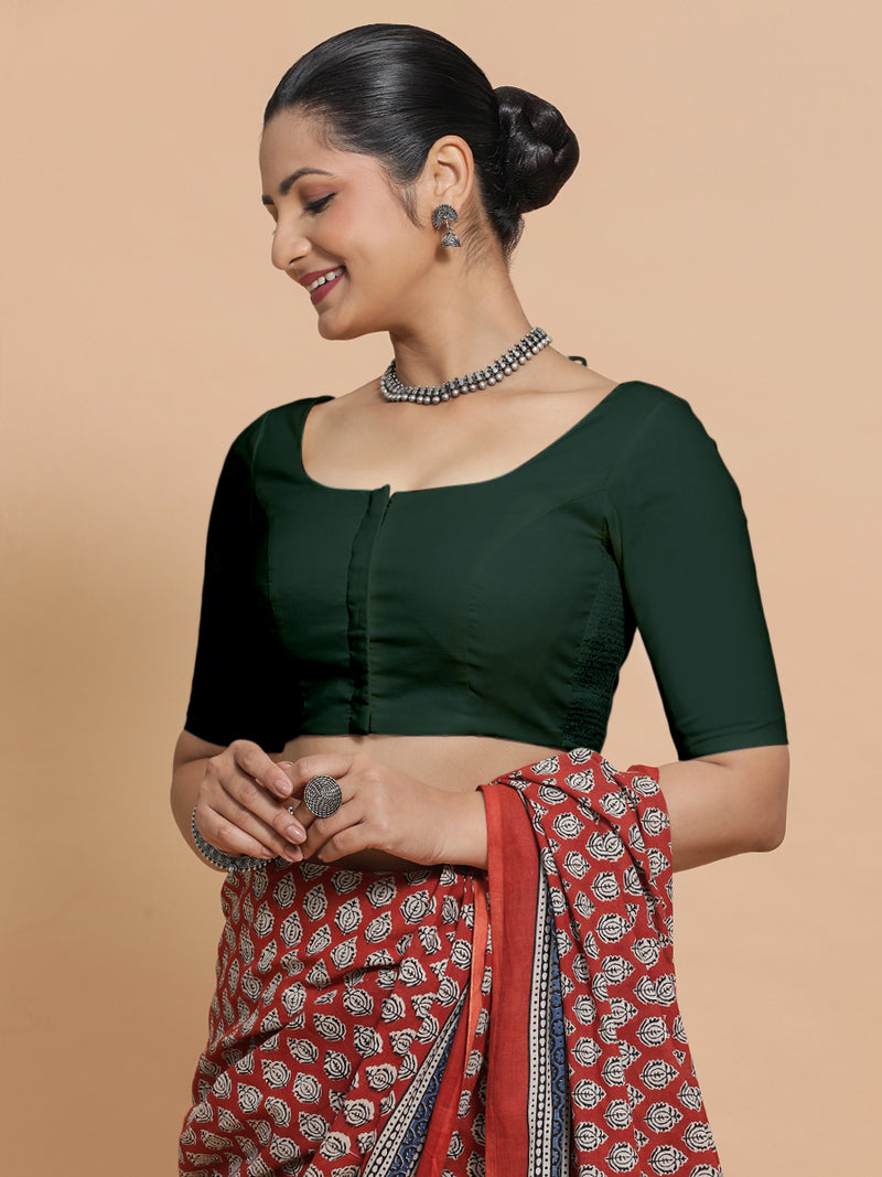 Lahari x Rozaana | Round Neck Moss Green Plain Cotton Saree Blouse-Binks