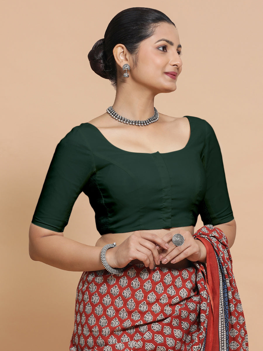 Lahari x Rozaana Saree Blouse, in Green Cotton, featuring elbow sleeves and round neckline, made for daily & work (view 8).