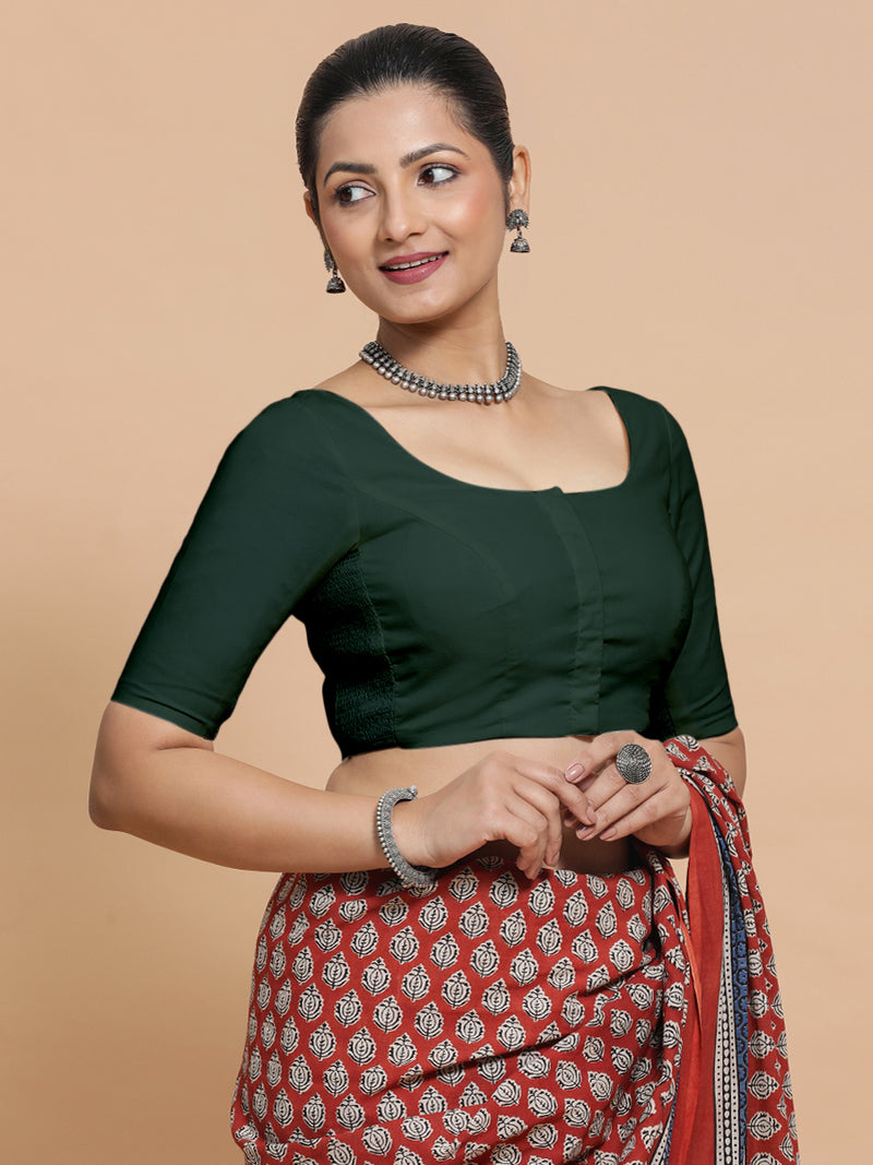 Lahari x Rozaana | Round Neck Moss Green Plain Cotton Saree Blouse-Binks