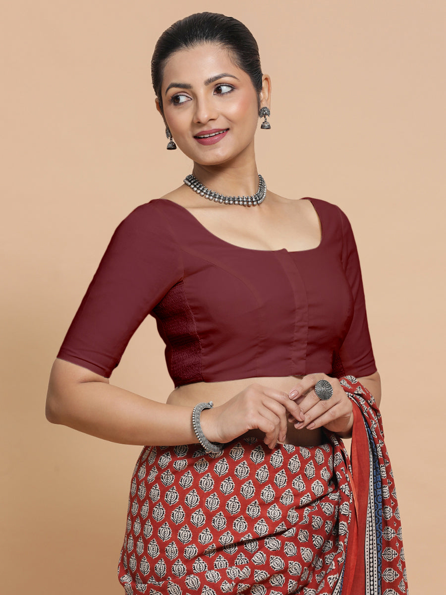 Lahari x Rozaana Saree Blouse, in Maroon Cotton, featuring elbow sleeves and round neckline, made for daily & work.
