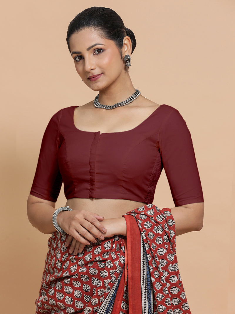 Lahari x Rozaana | Round Neck Royal Maroon Plain Cotton Saree Blouse-Binks