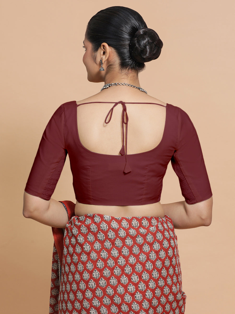 Lahari x Rozaana Saree Blouse, in Maroon Cotton, featuring elbow sleeves and round neckline, made for daily & work (view 2).