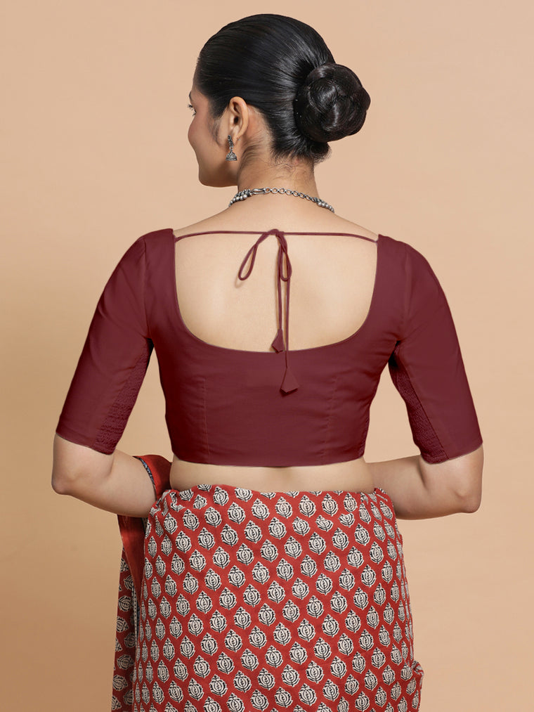 Lahari x Rozaana Saree Blouse, in Maroon Cotton, featuring elbow sleeves and round neckline, made for daily & work (view 2).