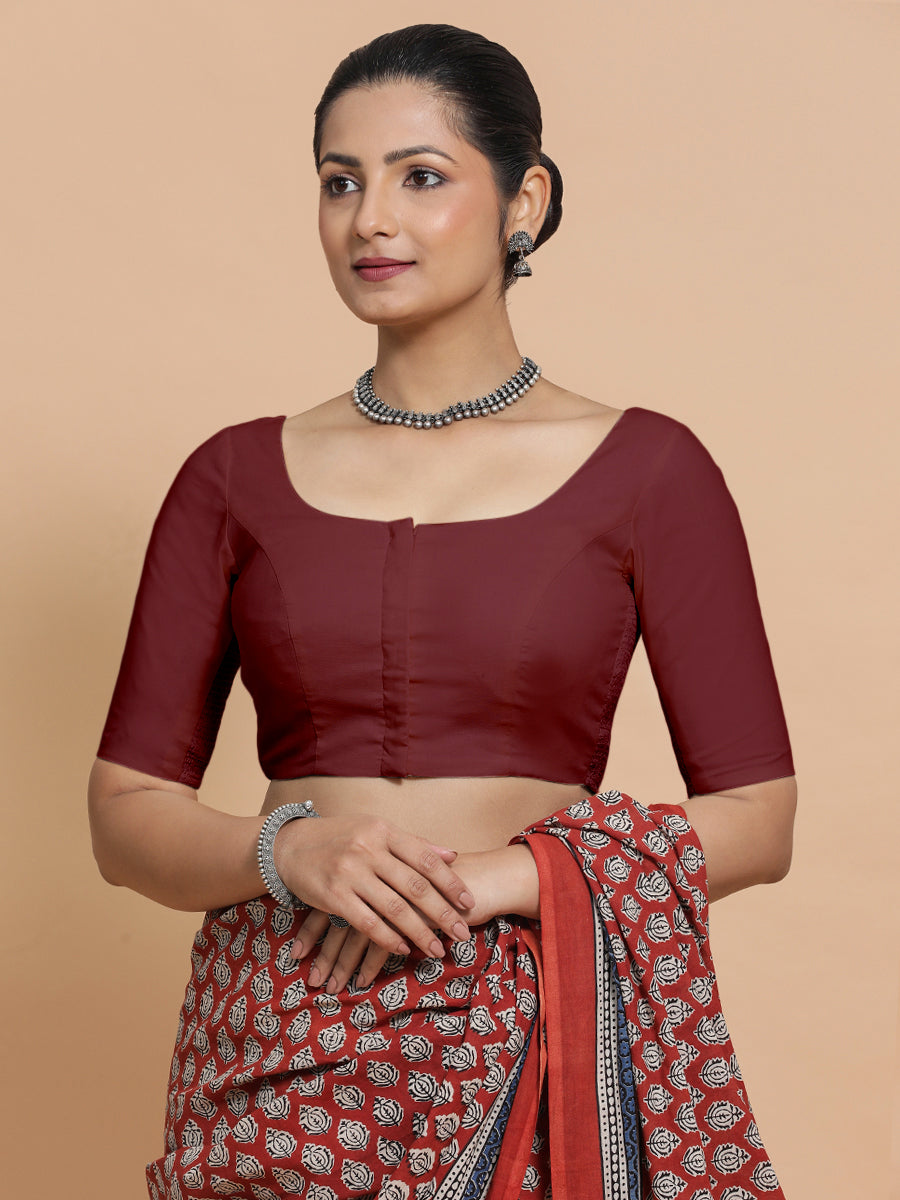Lahari x Rozaana Saree Blouse, in Maroon Cotton, featuring elbow sleeves and round neckline, made for daily & work (view 6).