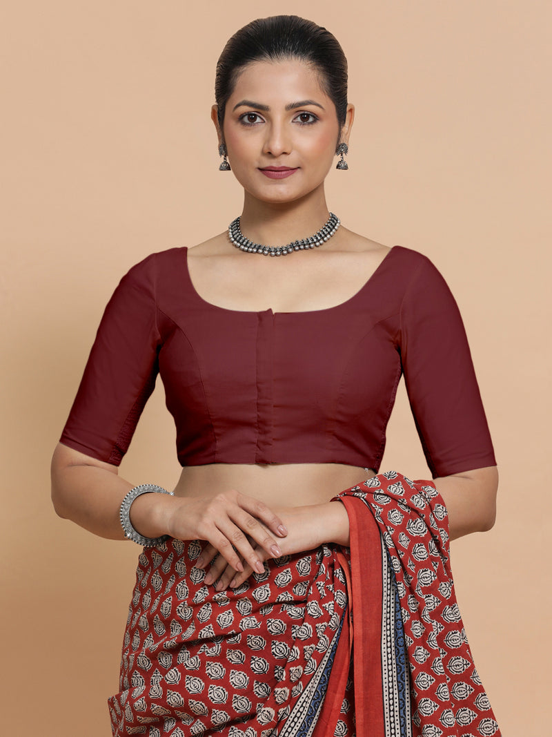 Lahari x Rozaana | Round Neck Royal Maroon Plain Cotton Saree Blouse-Binks